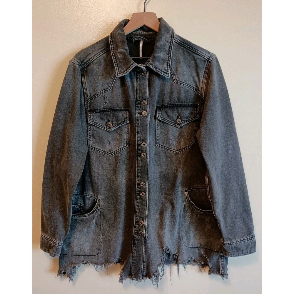 Free People Moonchild Denim Shirt Jacket L Black Distressed Oversized Shacket